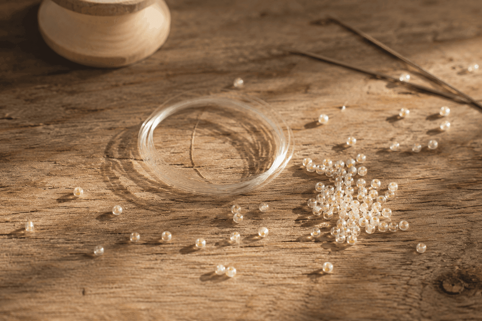 Weaving thread and Miyuki seed beads on natural wood: the materials before they become jewellery — BBLux atelier